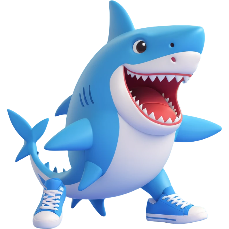 a cartoon shark with blue sneakers, cheerful expression emoji