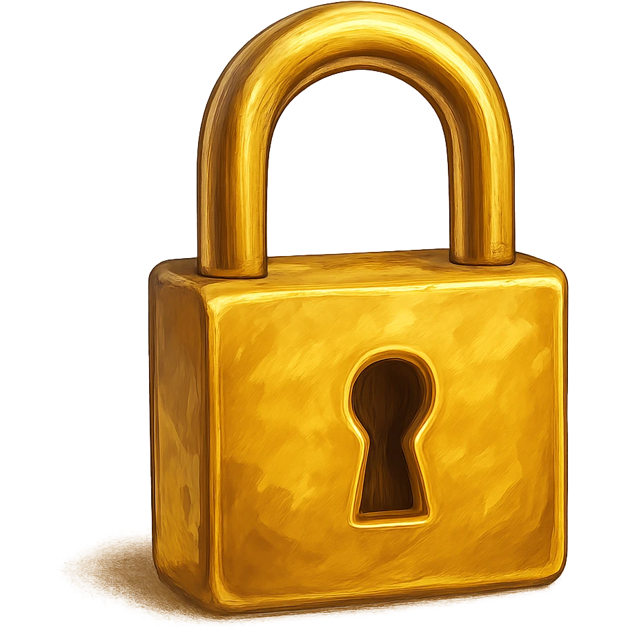 В cлегка рисованной, но при этом объемной и яркой стилистике сгенерируй картинку фотореалистичного полностью золотого замка (замок который для ключей), прозрачный фон emoji