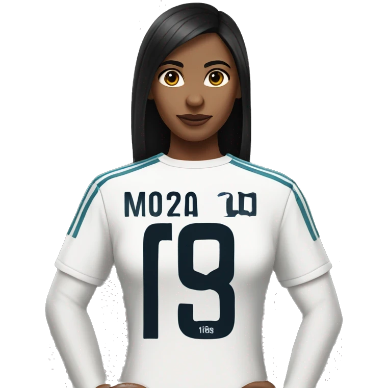 Femme fatale with long straight black hair middle part wearing a Real Madrid jersey emoji