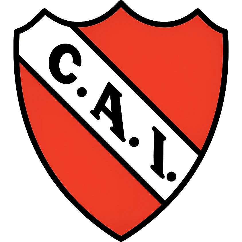 heraldic coat of arms style shield with three-pointed top and rounded base, white outline, intense red background, white diagonal band from upper left to lower right, black text 'C.A.I.' with black dots between letters, bold simple legible capitals, classic clean highly visible design inspired by South American soccer club shields emoji