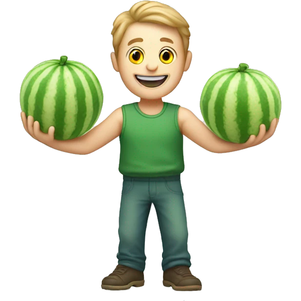 A happy white man what’s front handand green ice holding a melon and his arms emoji