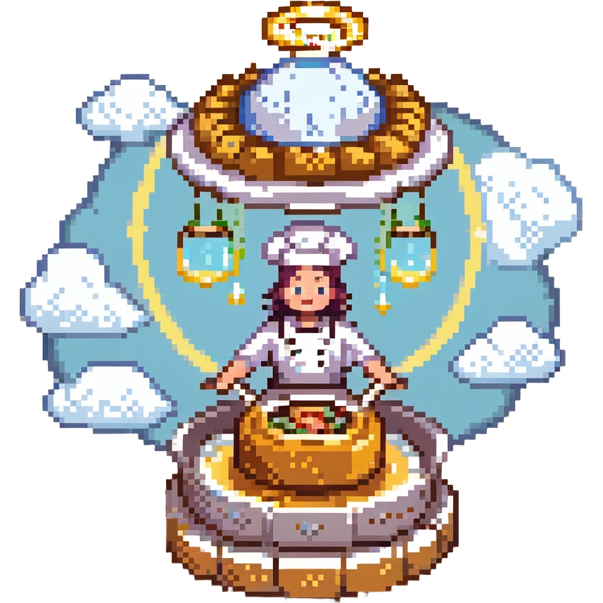A divine baker surrounded by floating utensils, radiant ingredients, and a halo of light. The oven levitates, powered by pure energy. UI resembles clouds, golden rays, and ethereal scrolls—like a heavenly recipe interface. emoji