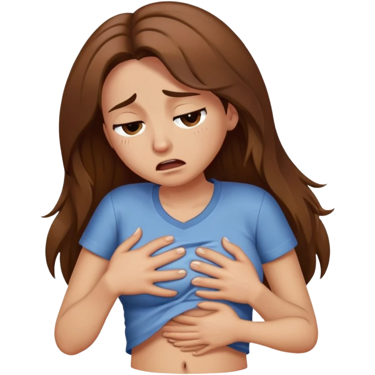 Crying women with long brown hair rubbing stomach with shirt on emoji