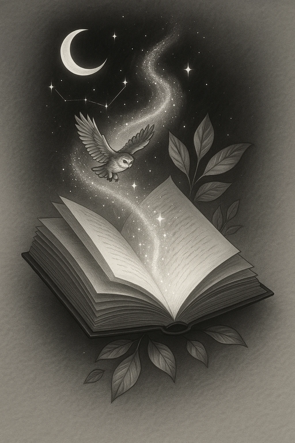 Create a stylized drawing of a book with magical light and sparkles rising from its pages. Use a clean line-art style with well-developed shadows and highlights, inspired by the reference image. emoji