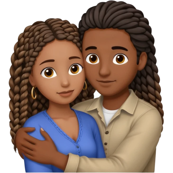 dark skin, black girl with black and brown braids, hugging her middle eastern boyfriend with wavy straight brown hair and medium to light skin emoji