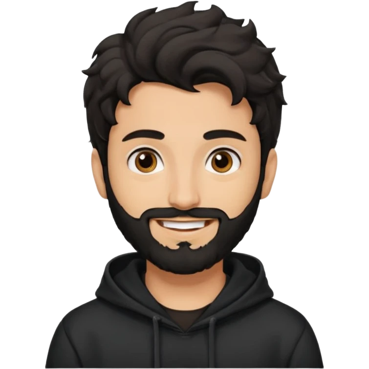 young fair skin pakistani guy smiling with black beard, wavy hair pushed back and brown eyes and big eyebrows, thin eyes , wearing black hoodie emoji