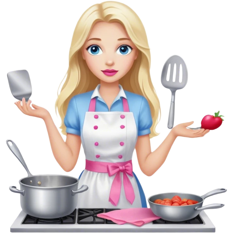 Cinematic realistic beautiful blonde with long hair, blue eyes and pink lips in a white dress cooks emoji