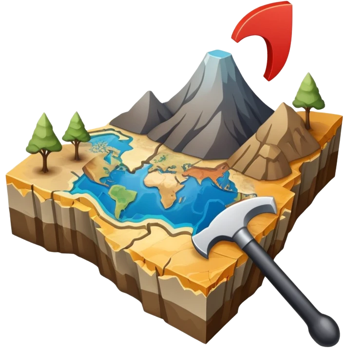 An icon featuring a crowbar and a geological map, and layers of Earth’s crust, symbolizing geology. The design includes mineral samples, fossils, and tectonic plates, representing the study of Earth’s structure and natural processes. Transparent background highlights geological exploration emoji