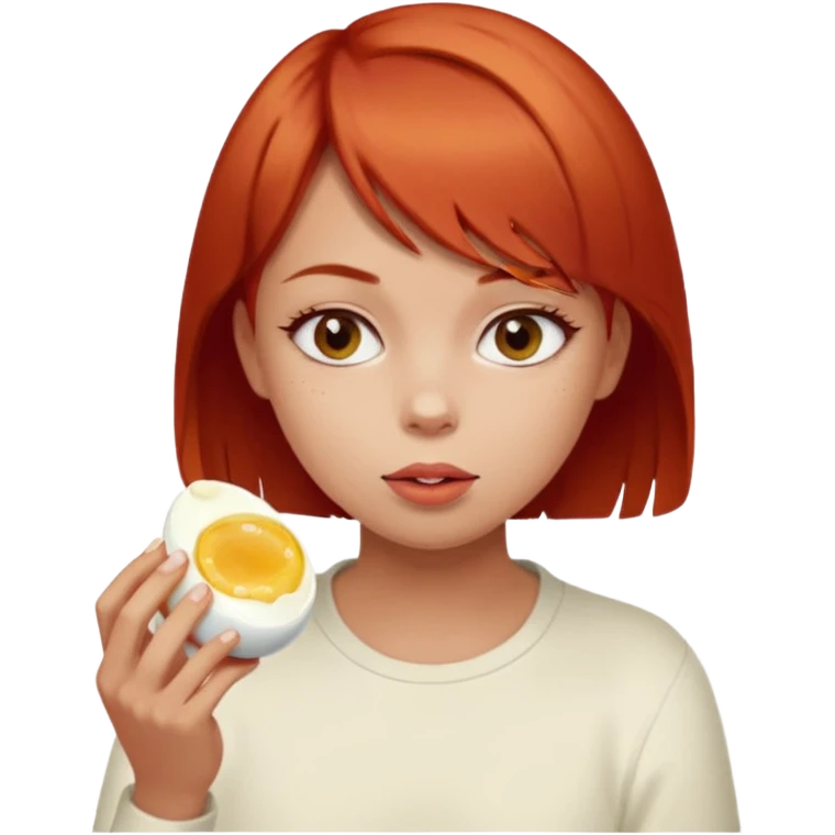 Girl with short red hair eating boiling egg emoji