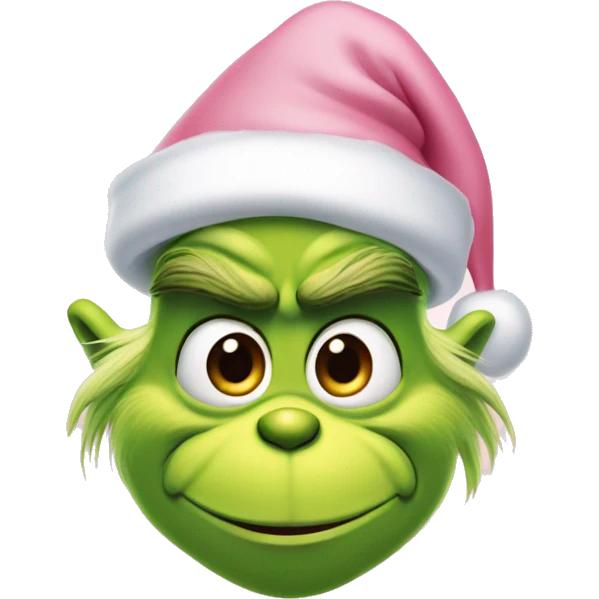 grinch face with a smirk wearing a light pink santa hat emoji