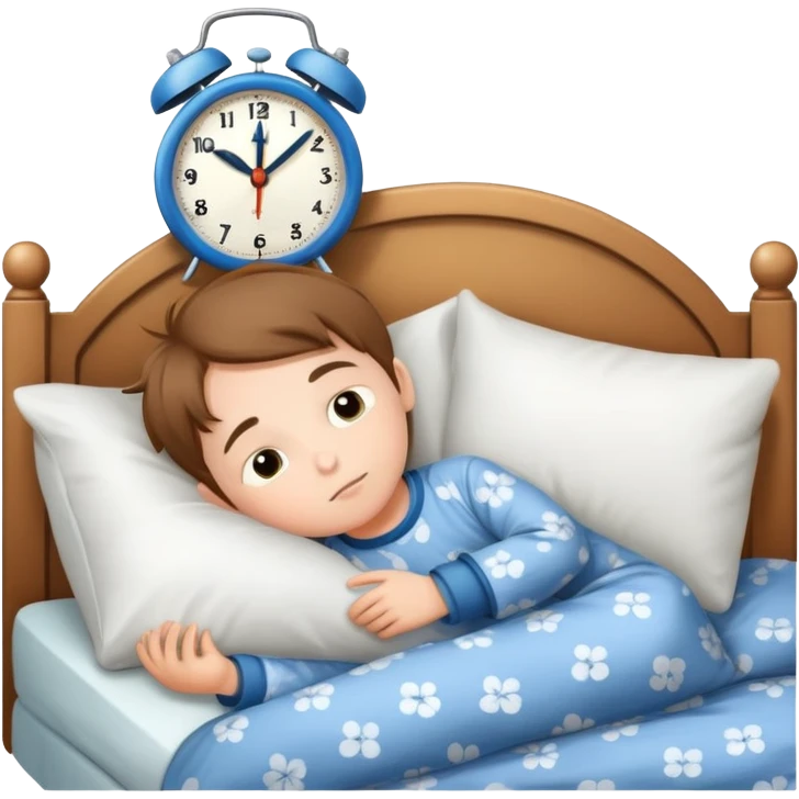 child tucked in bed with a clock showing bedtime, simple and cute emoji