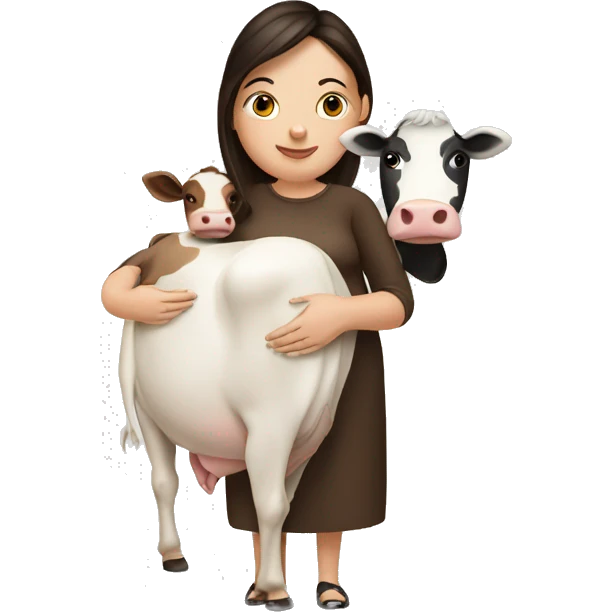 Brunette pregnant woman next to a cow emoji