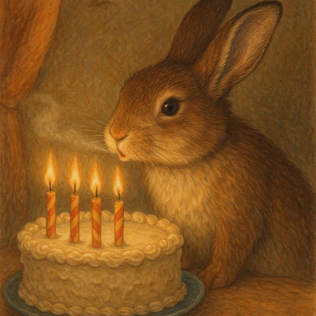 a rabbit blowing out the candles on a birthday cake, detailed scene emoji