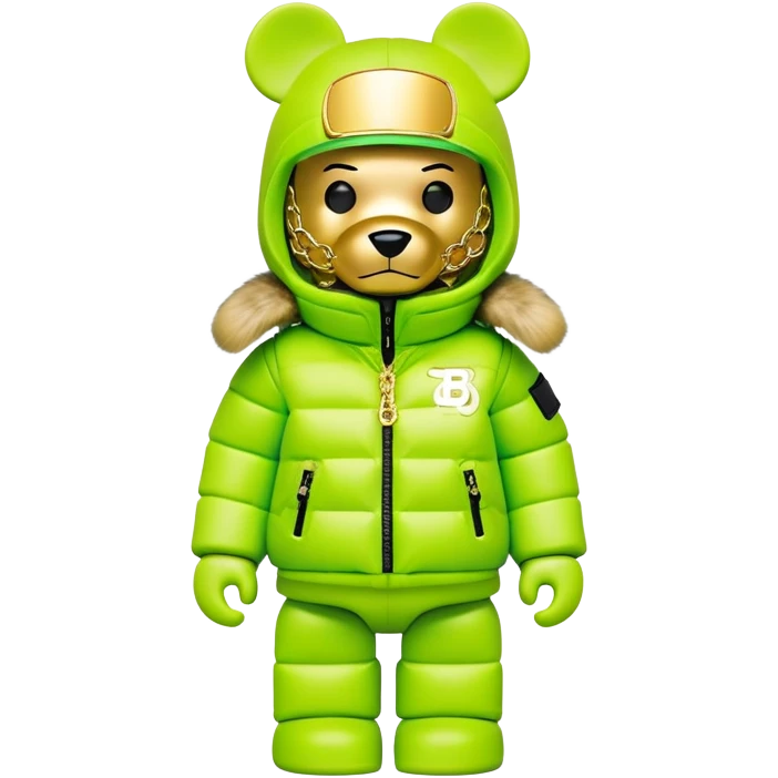 professionally designed bearbrick collectible with precise proportions, lime green balaclava with seamlessly integrated reflective visor lens, high-end branded puffer coat with rich fur collar and prominent designer logo, detailed gold chains, hypebeast aesthetic emoji