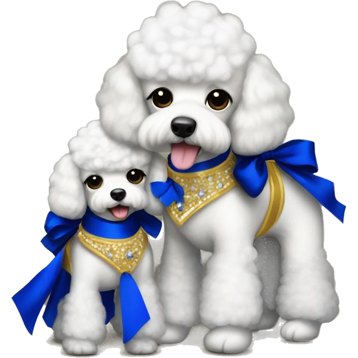 three-white-toy-poodles with royal blue and gold tutus on emoji