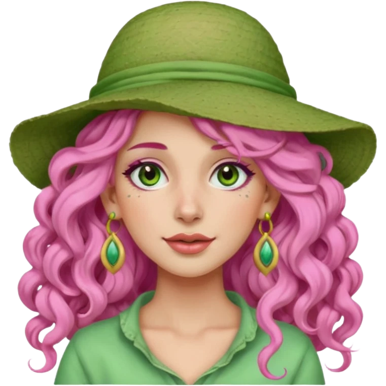 pink haired very long curly haired woman with full face light green clay mask  and big earrings and hat emoji
