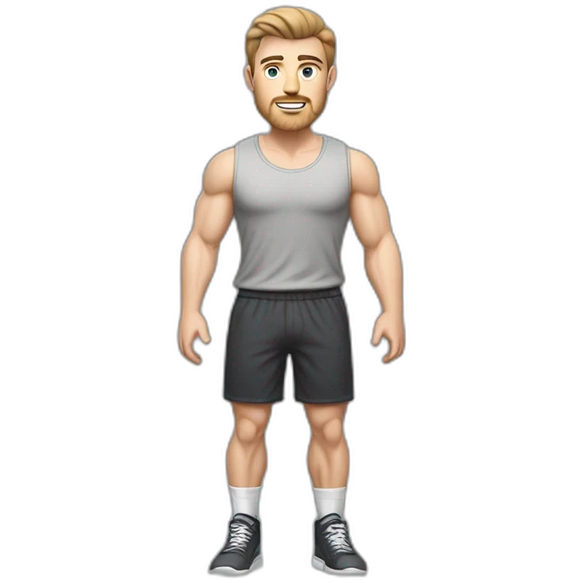 Full height Pale skinned muscular man With Realistic eyes and mouth, light brown hair and stubble In dark gray sleeveless mike, black oversize sports shorts, watch and white sneakers. emoji