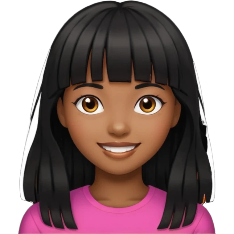 black girl with long black hair with bangs, happy emoji