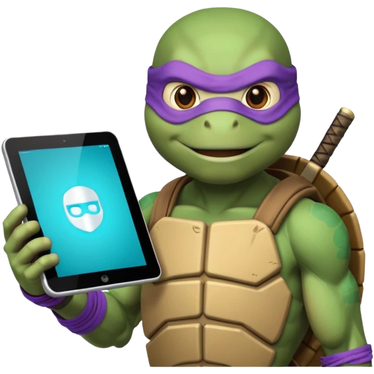 Donatello from Teenage Mutant Ninja Turtles, emoji style, holding a tablet with a hacking screen and a tech gadget, with a cyan hacking interface on the screen emoji