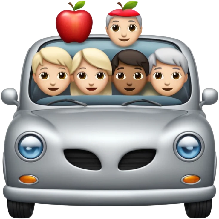 a small car with five happy people inside, all poking their heads out, in cute and unified Apple standard emoji style emoji