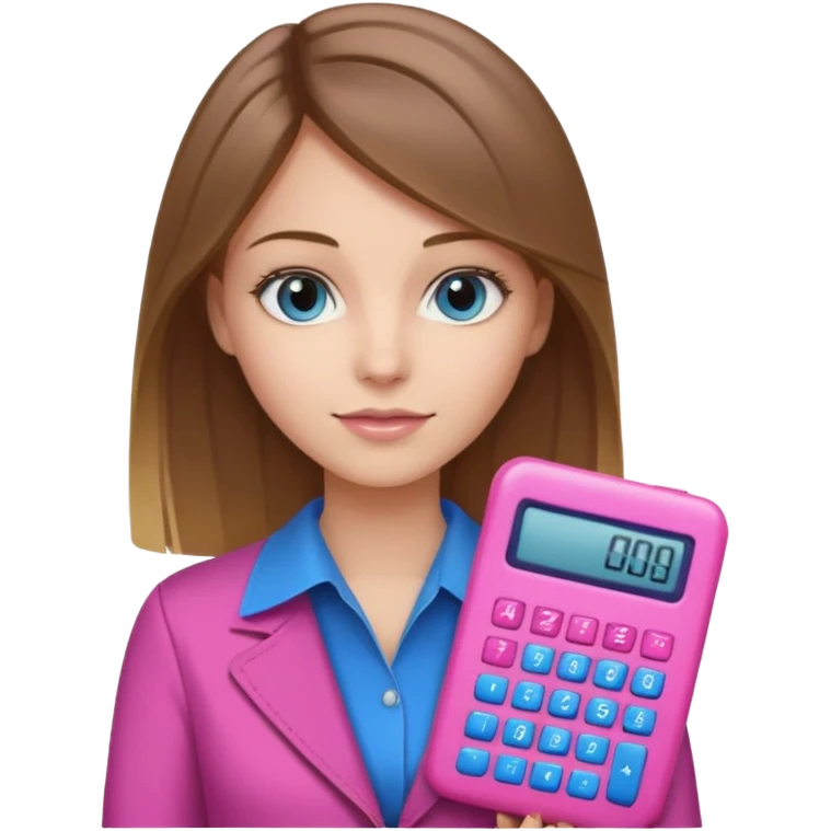 female with straight brown hair with blonde highlights and blue eyes holding a pink calculator emoji