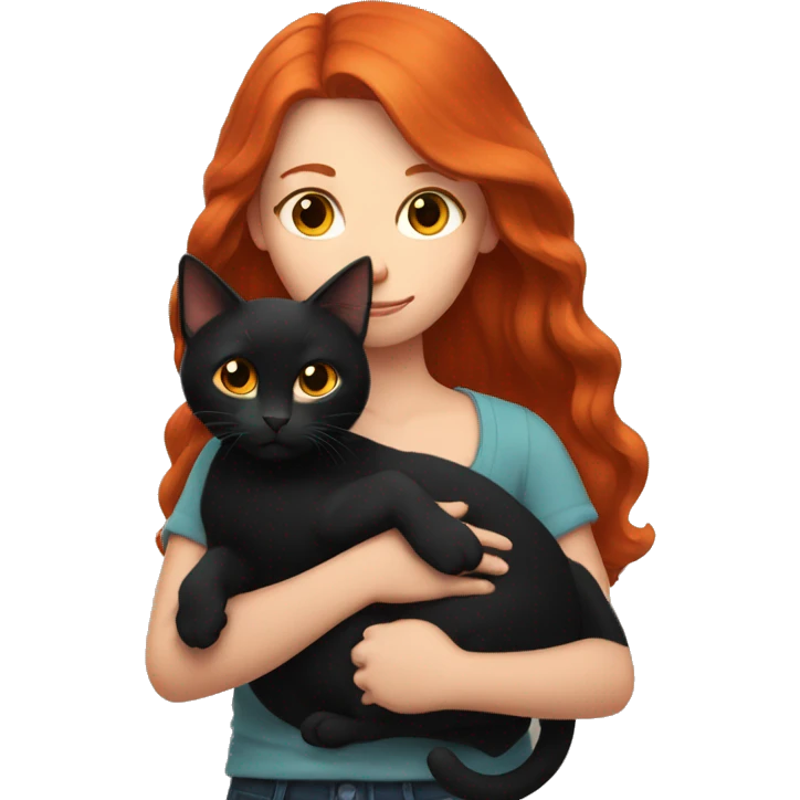 A girl with red hair holds a black cat in her arms emoji