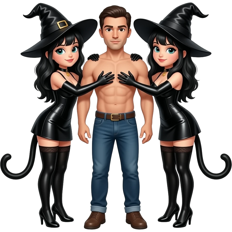 Rubbery, shiny texture black catgirl witch hugs guy, turning the guy into a copy of herself almost completely emoji