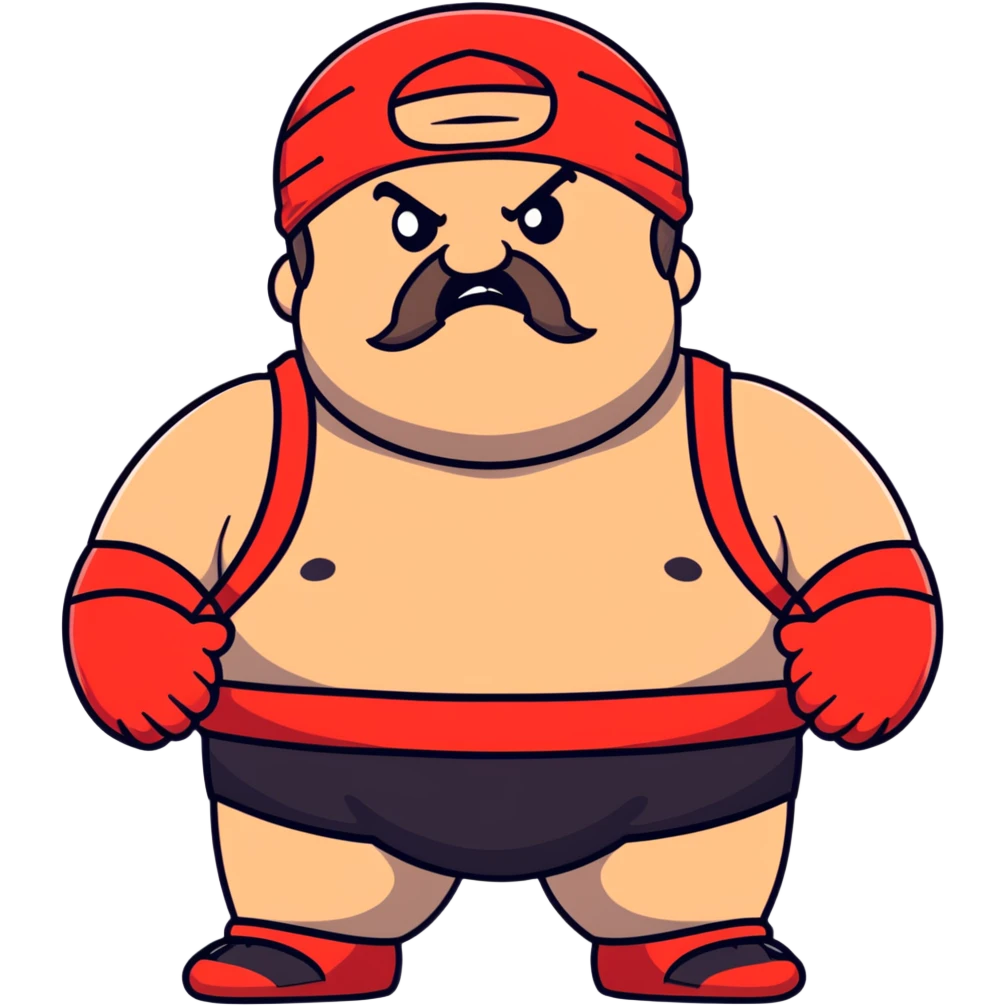Extreme close-up of face of morbidly obese white skin guy with young face, prominent BLACK DURAG tied clearly on head, distinct black beard and mustache, black eyes in a red and black wrestling singlet with angry expression emoji