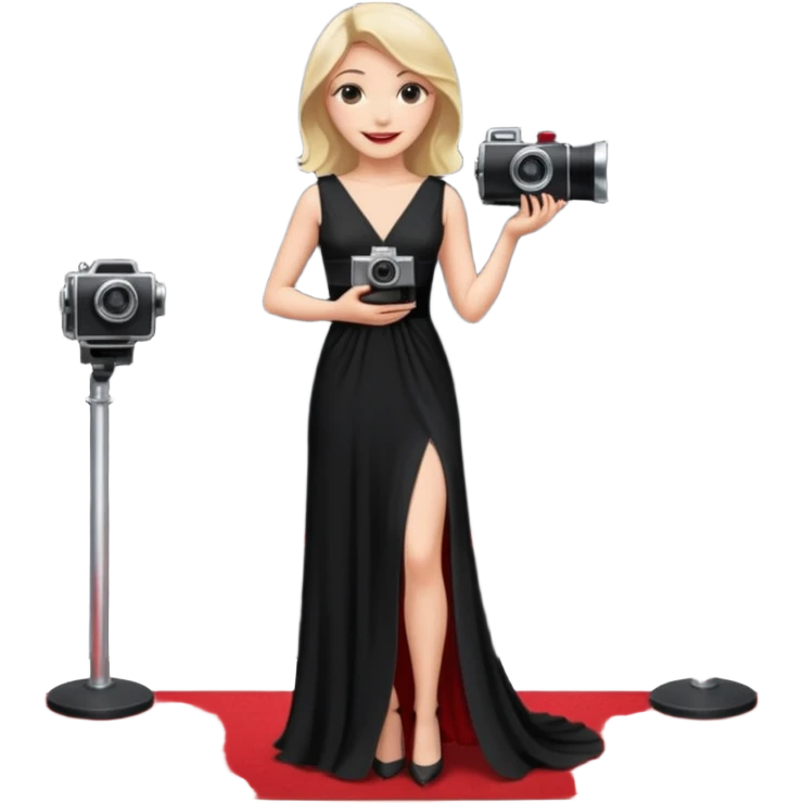 an actress standing on a red carpet, smiling, with a film camera next to her. emoji