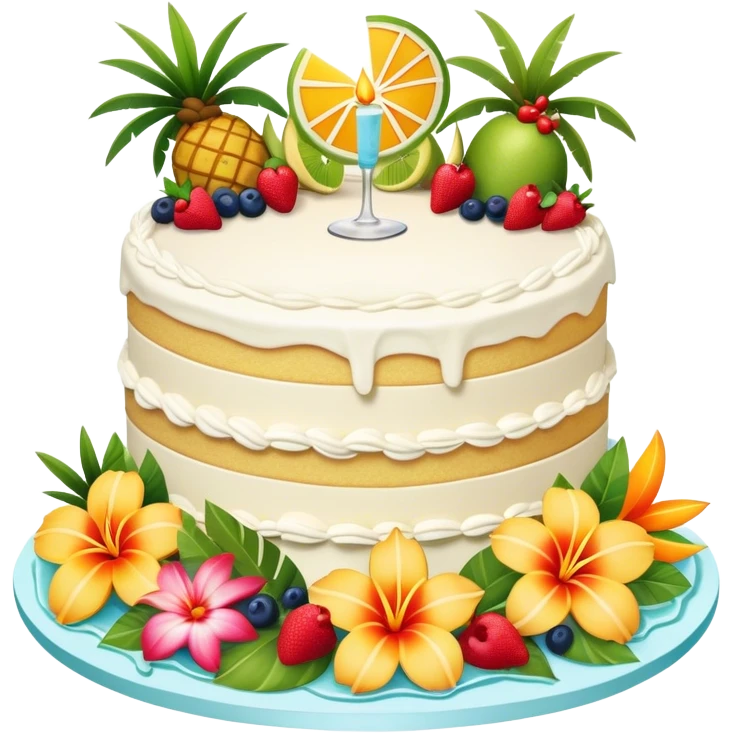 Realistic margaritaville-themed vanilla birthday cake, elaborate, layered, with tropical flowers and fruits  emoji