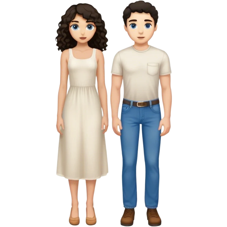 One tall man with light skin, blue eyes, short straight dark hair, wearing jeans. With one girl with tan skin and long curly dark hair, and brown eyes wearing a white midi dress.  emoji