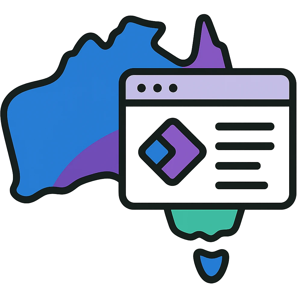 Add Microsoft Power Pages brand colors (blue, purple, teal) to the map of Australia with digital web page overlay, keep the modern and techy look, no text emoji