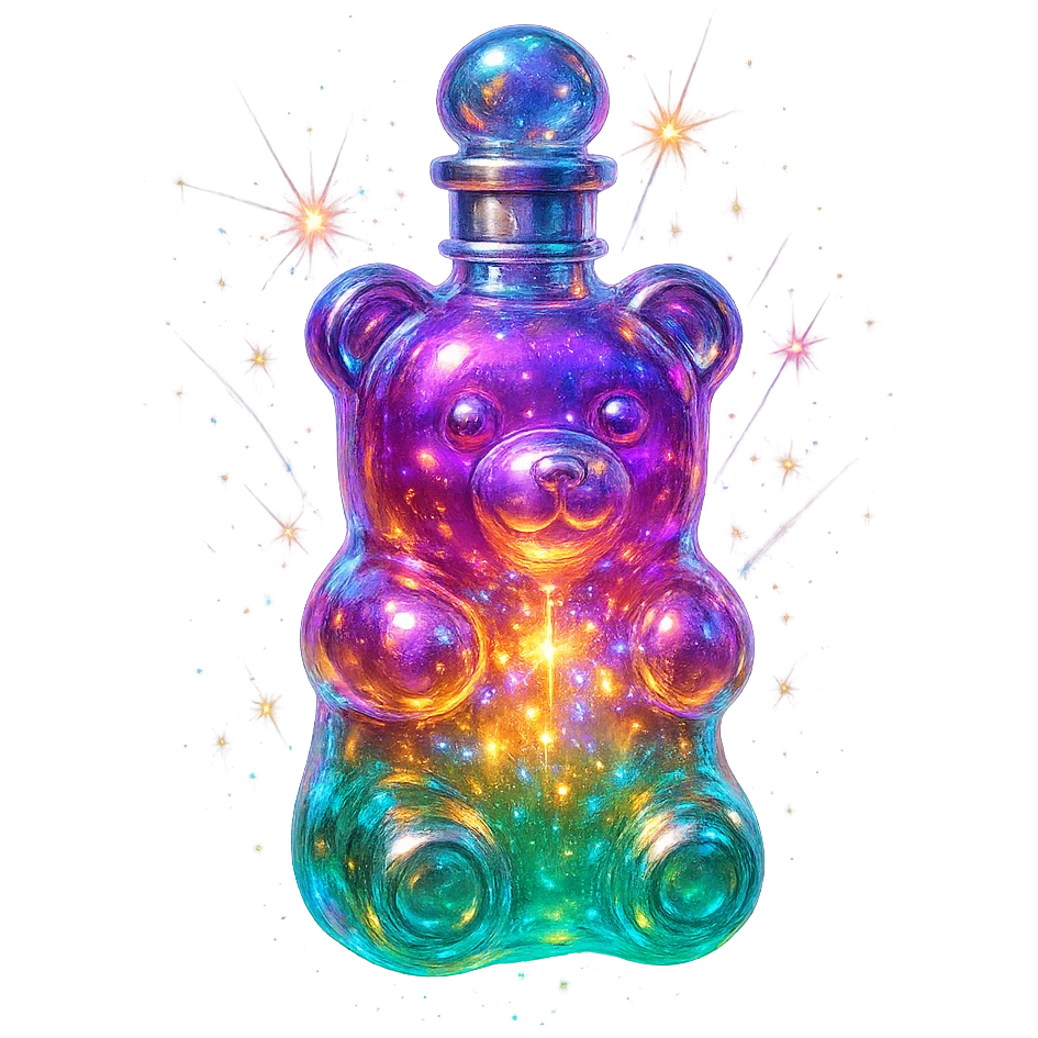 gummy bear-shaped luxurious elixir bottle, vibrant translucent color, iridescent and silver details, intense magical glowing and sparkling effects, very small neck, seamless bottom, transparent background, floating, no base or shadow, modern, matching a collection emoji