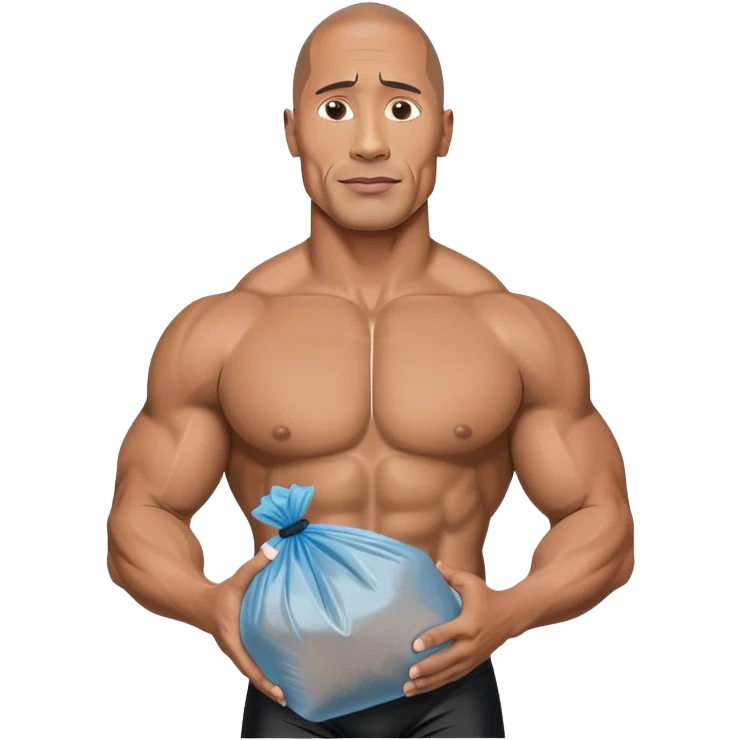 Dwayne the rock Johnson in speedo holding trash bags emoji