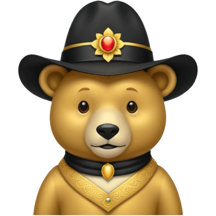 Oso dorado con un sombrero elegante    negro y  en   su cuello un moño negro emoji
