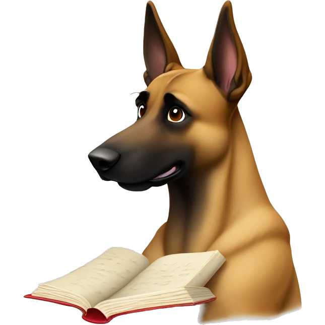 malinois prends des notes avec un livre emoji