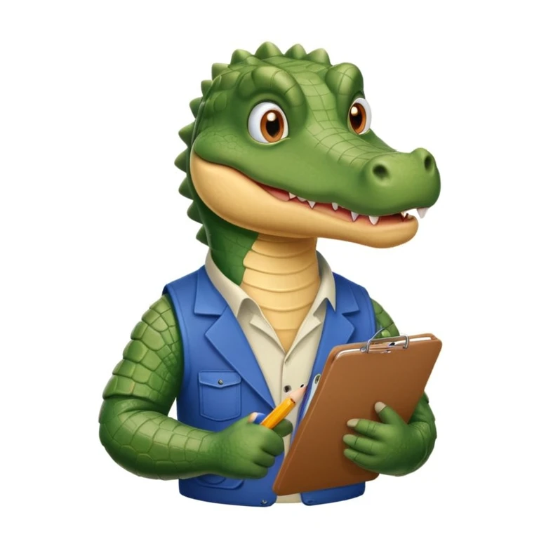 A gator with a clipboard and a pencil, offwhite background emoji