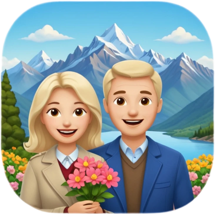 Couple  laughing traveling russian man and elegant  Latina girl delicate flowers and mountains in the background  emoji