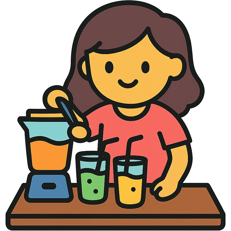 cartoon girl preparing cold drinks and juices on a table, bright colors emoji