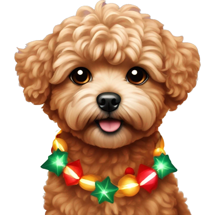 Red maltipoo with Christmas lights decorated around its neck emoji