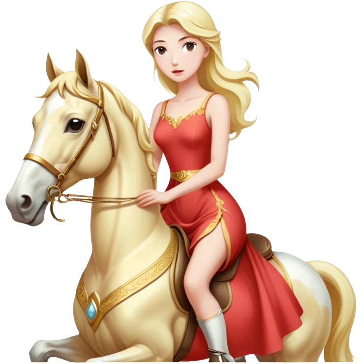 "woman, in long slim pastel red", rides "horse gold and white" front view emoji