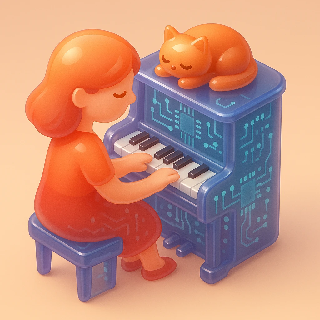 woman playing piano while her cat sits on top of the piano emoji