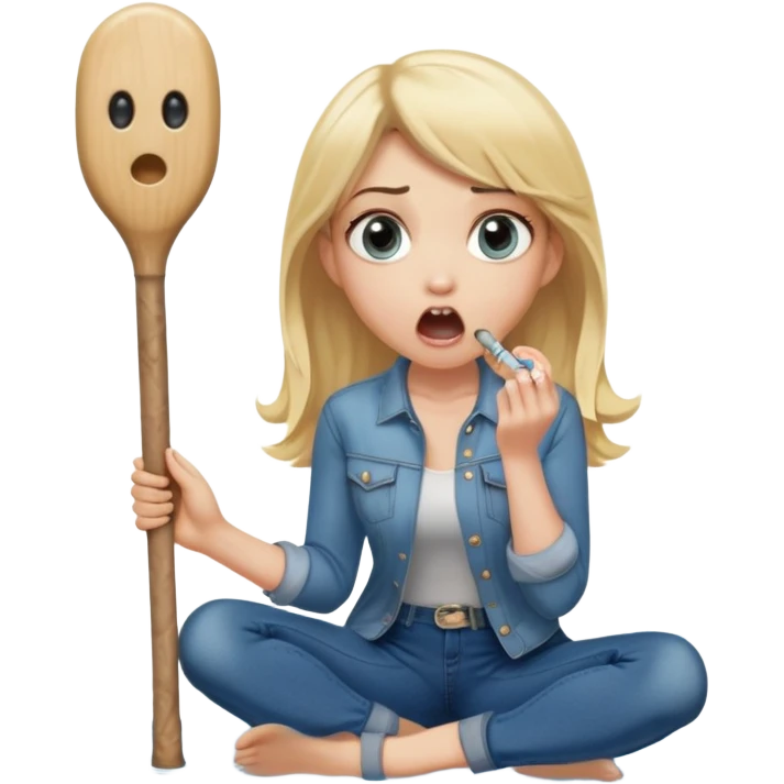 blond woman sitting on her knees with wide eyes, a human in jeans stands next to her, she's holding a wide skin-colored stick with a D-shaped knob, the stick and the nob have skin texture, water squirting from the knob into her mouth, shocked face emoji