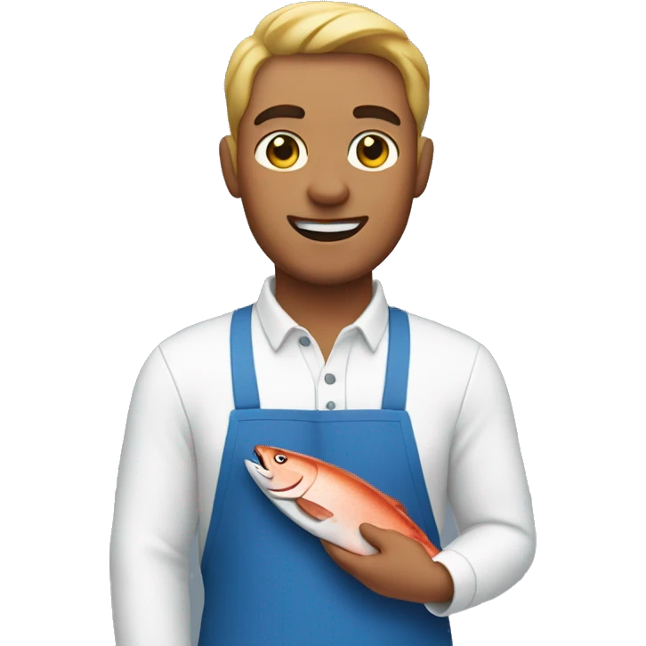 guy in a blue apron holding salmon emoji