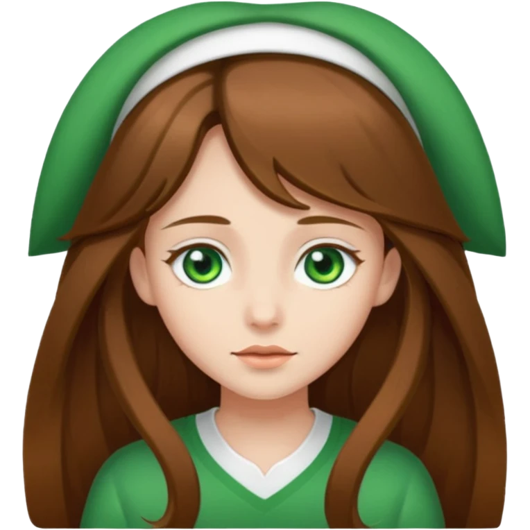 Girl with long brown hair and green eyes and a white ahirt emoji