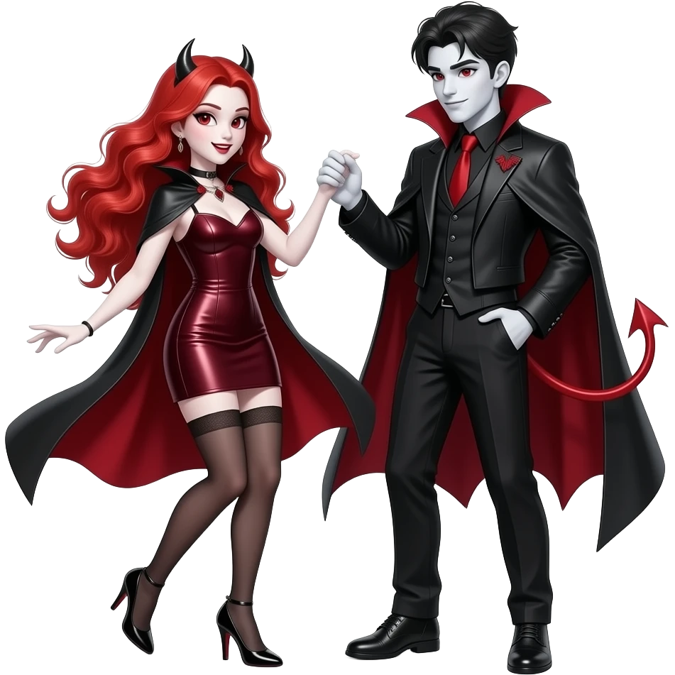 Vampiro femmina ADOLESCENTE con pelle bianca e capelli rosso ondulati lunghi che indossa un vestito stretto in e largo sotto  con i tacchi neri che balla con le mani intorno al suo ragazzo VAMPIRO ADOLESCENTE con la pelle bianca emoji