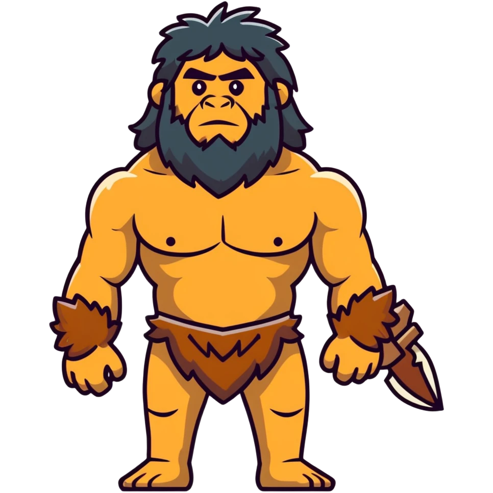 Neanderthal caveman with very broad shoulders, primitive human with strong build, fur clothing emoji