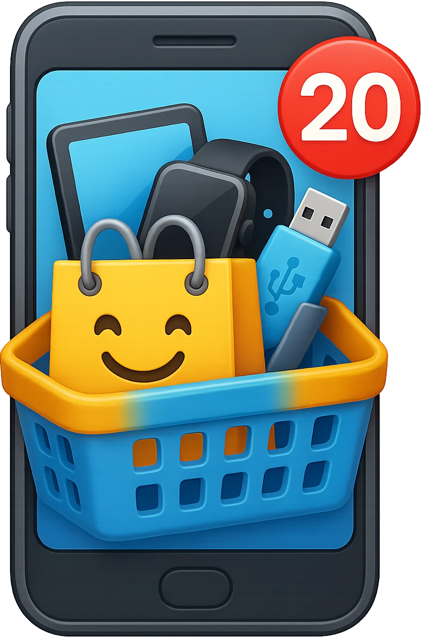 Create a high fidelity emoji style variant with smooth edges featuring a smartphone instead of a monitor, a shopping basket showing tech items like a tablet, smartwatch, and USB drive instead of food, and an emoji shopping bag. The style should resemble emoji style with smooth edges and high detail. emoji
