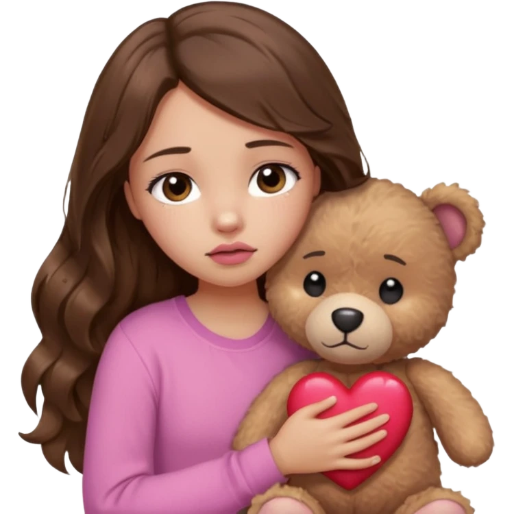 girl with long wavy brown hair, brown eyes, light to medium complexion, in a pink shirt, pink lips, long lashes, sad crying , hugging a teddy bear with a  heart emoji