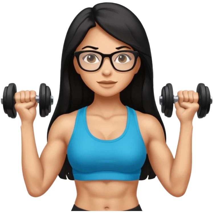 Mujer fitness usando mancuernas con lentes y cabello largo negro emoji